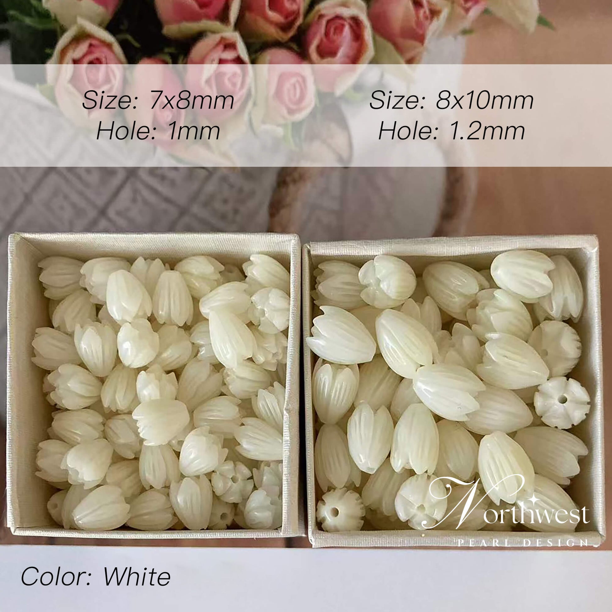 Creamy ivory lotus shape beads with detailed carving