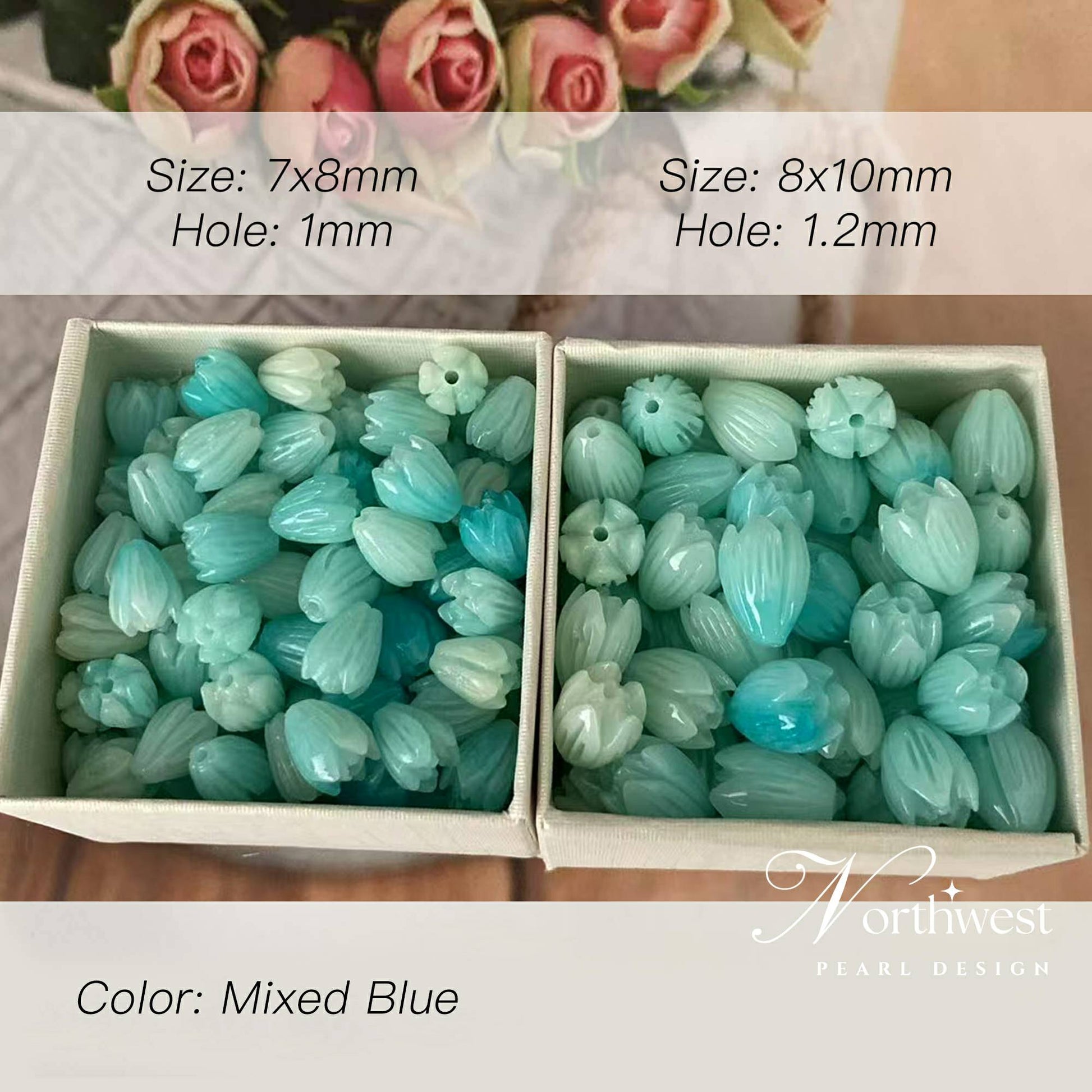 Two boxes of blue floral beads with size, hole, and color information displayed.