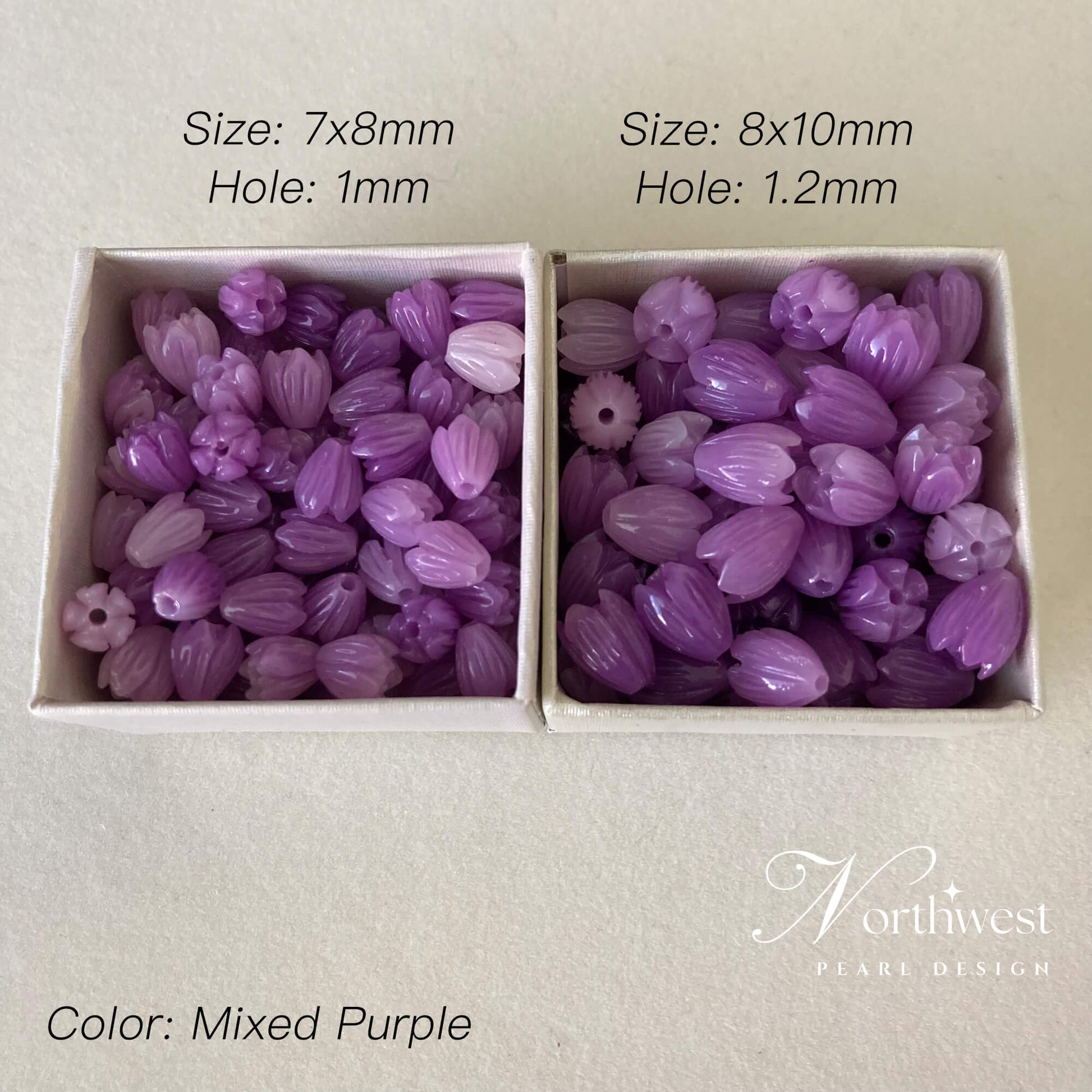Two boxes of purple beads with size and hole dimensions labeled, on a light gray background.