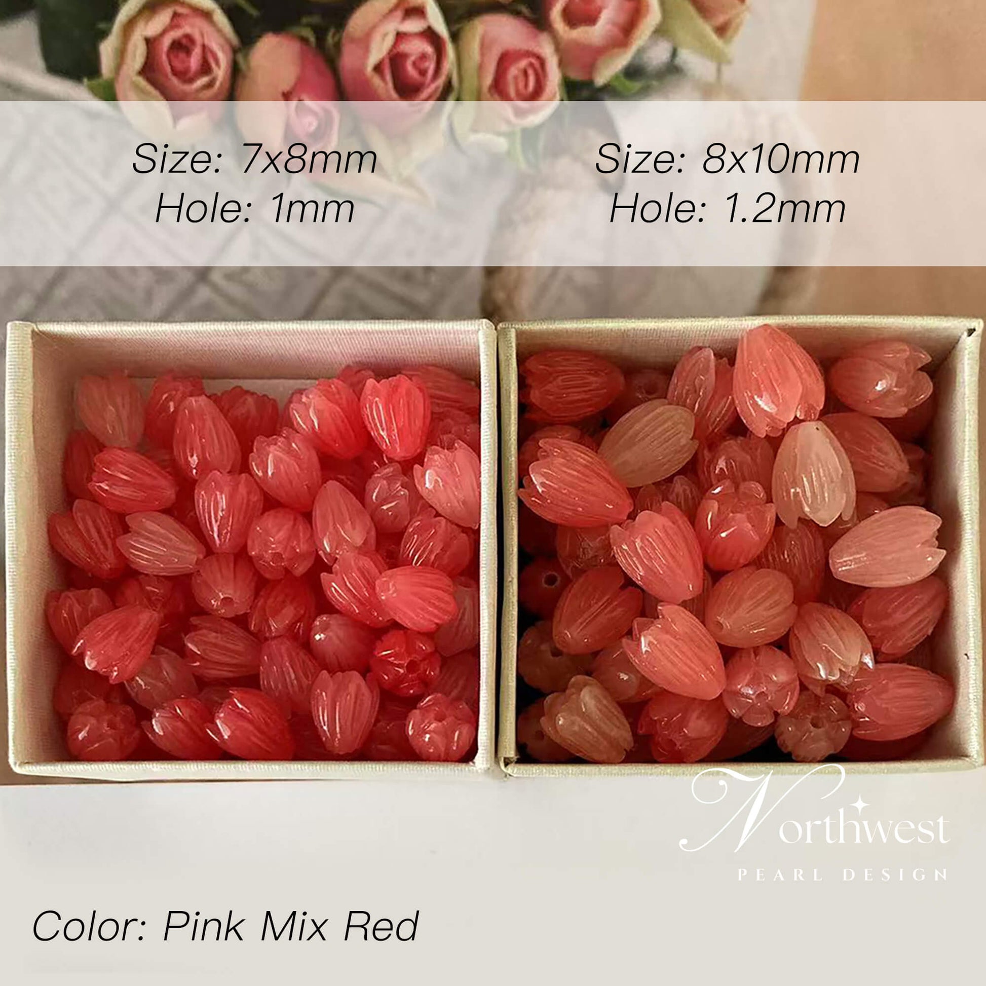 Pink mix red lotus shape beads in different sizes for crafts
