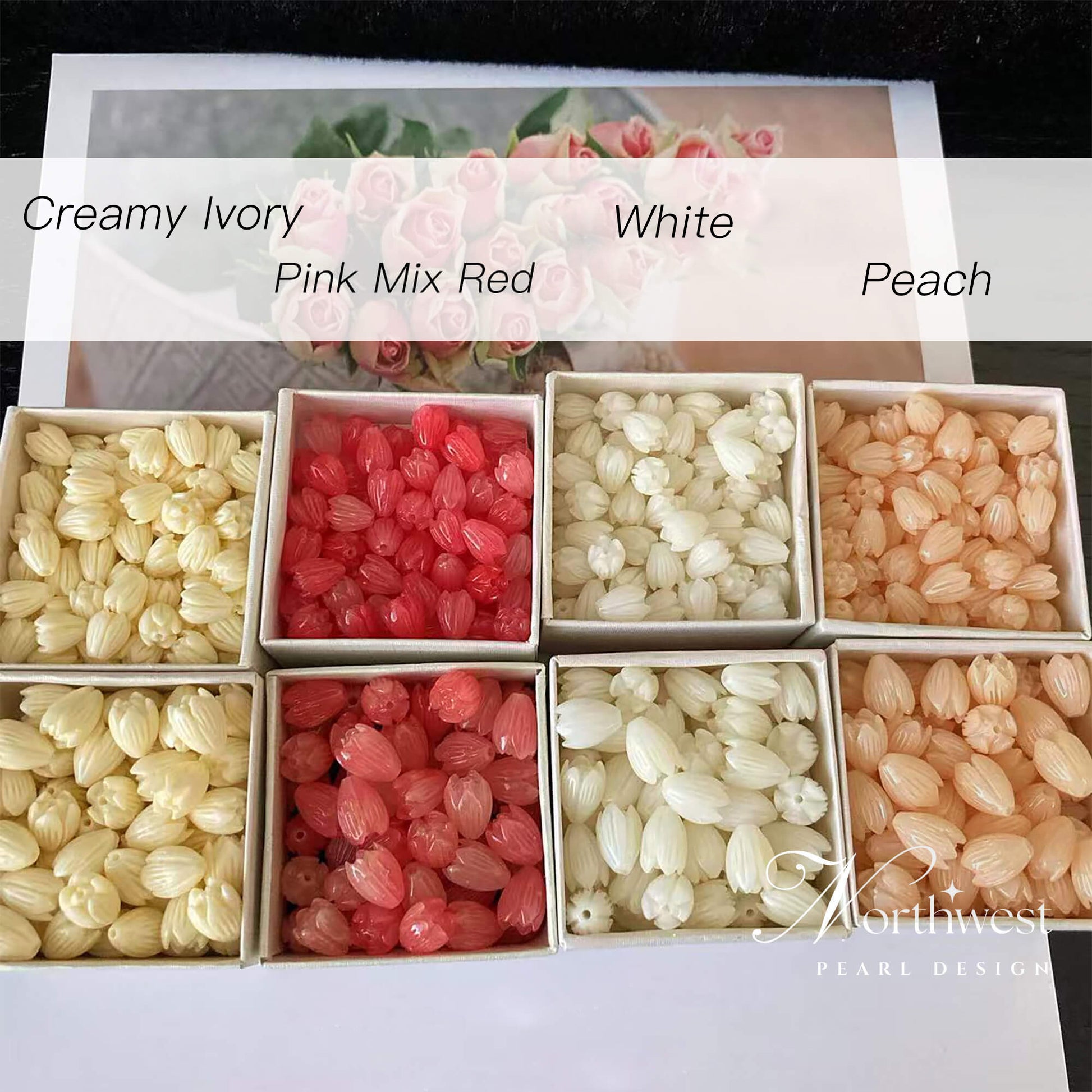 Variety of hand-carved lotus beads in creamy ivory, off-white, pink mix red, and pale coral
