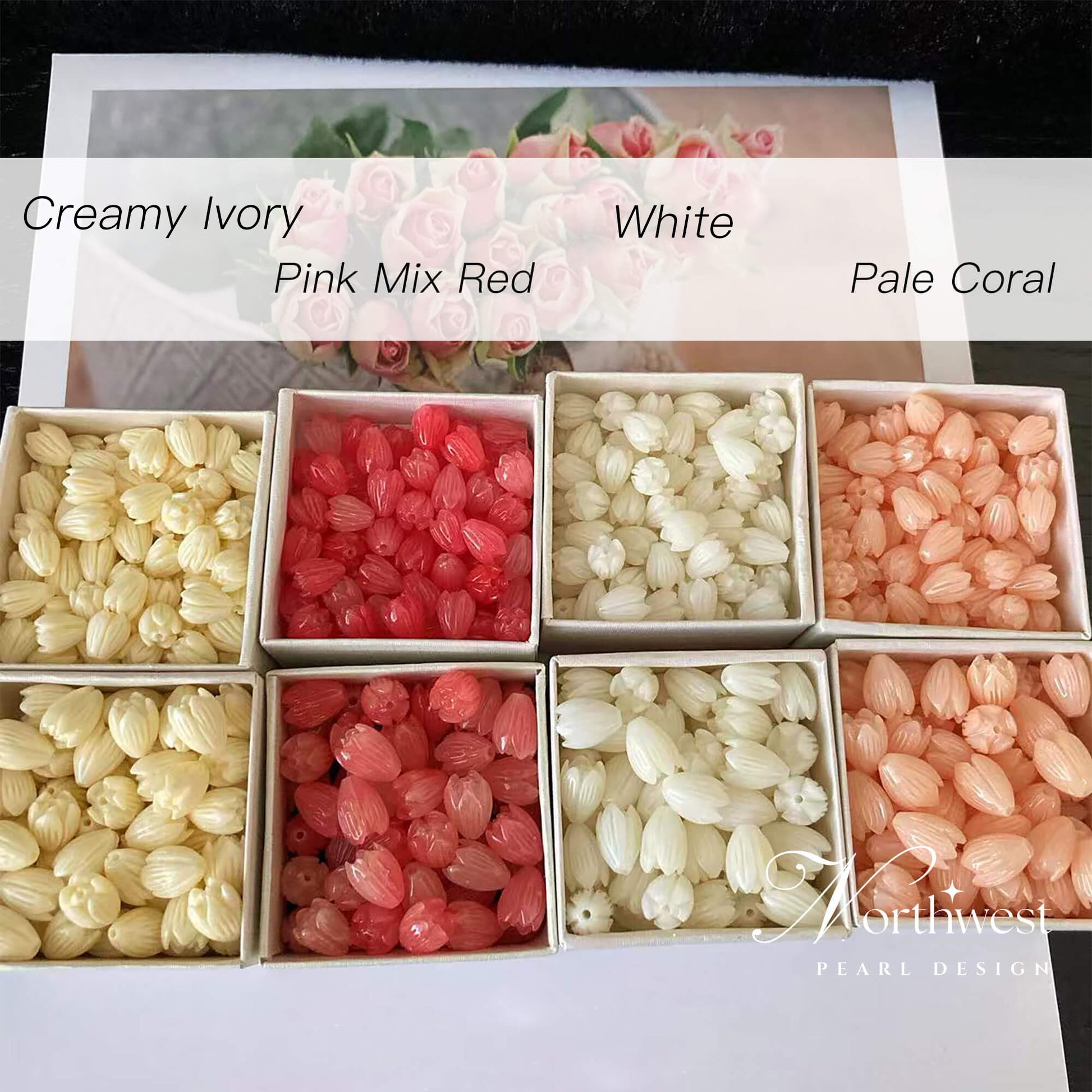 Variety of hand-carved lotus beads in creamy ivory, off-white, pink mix red, and pale coral