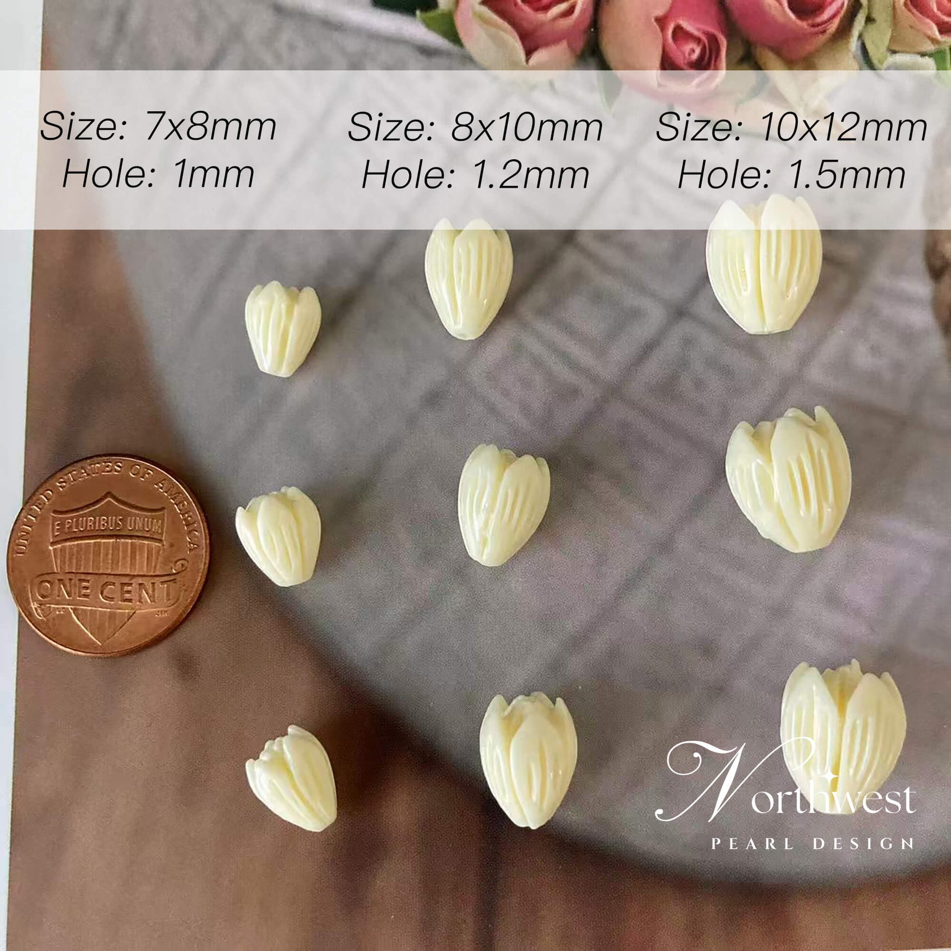 Hand-carved lotus shape beads close-up with various sizes and hole diameters